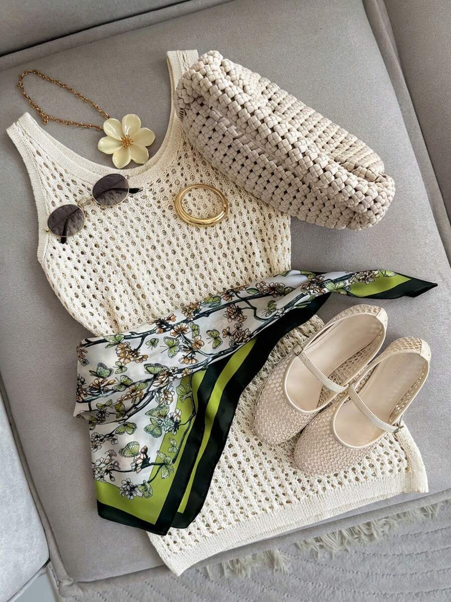 GlowEve Yellow Hollow Knit Camisole Dress For Women, Spring/Summer, Layerable Mid-Length Cover Up Knit Top - Yellow - View 1