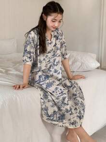 DAZY Tween Girls' Allover Print Notched Neck Puff Sleeve Loose Nightgown, Summer