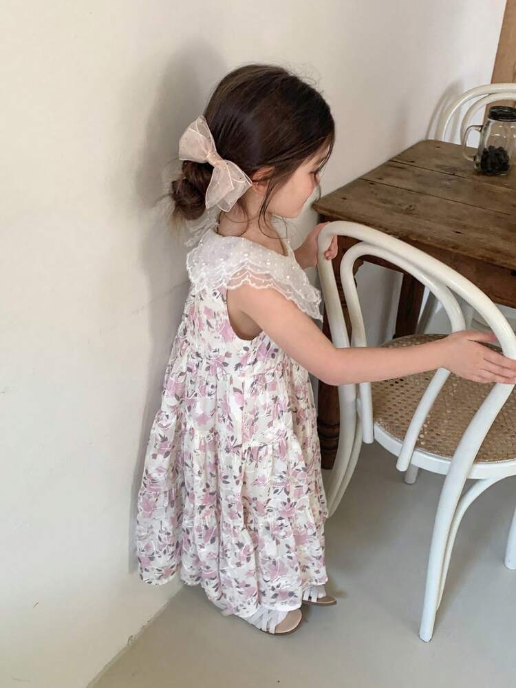 Young Girl Floral Print Lace Collar Cute Party Dress