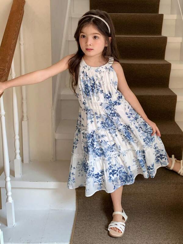 DAZY Vestido de niña con estampado floral, volantes y cuello de halter, estilo de vacaciones de verano
