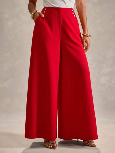 SHEIN Damen Lässig Pendler Knopf Dekor Schrägfaschen Weite Bein Hose