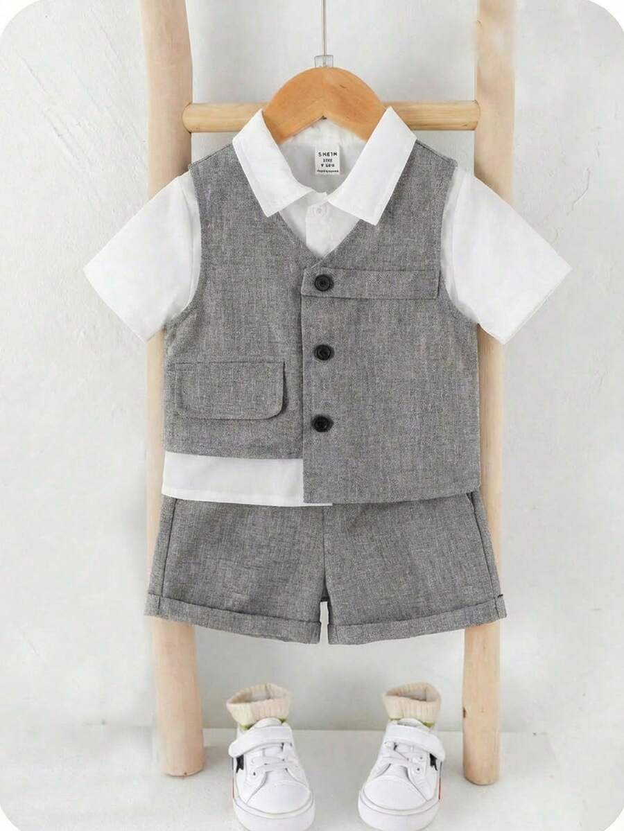 2 件套男婴/女婴夏季休闲韩版可爱灰色背心短裤短袖白衬衫套装,适合生日派对、聚会、表演、婚礼、满月庆典、洗礼和一周岁生日庆典、婴儿派对。 - 灰色 - 查看 1