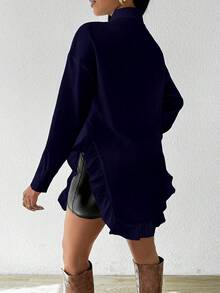 Chiquease Camisa de manga larga con volantes y bajo curvo de unicolor simple para uso diario y casual de mujer, primavera/otoño - Azul Marino - Ver 2