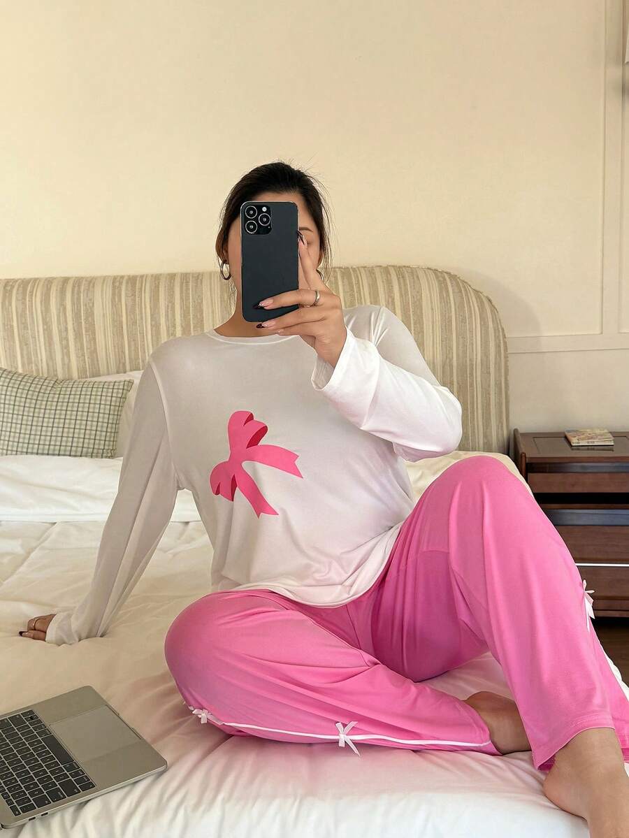 Bộ đồ ngủ cỡ lớn dành cho nữ với nơ phối màu tương phản. - Hồng - Xem 1