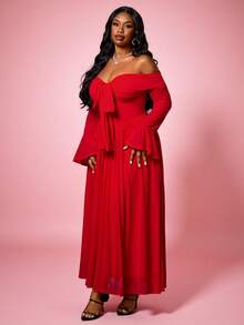 Truni 大码女士假日派对连衣裙，红色性感蝴蝶结肩部连衣裙 + 性感长袖网纱连衣裙 - 紅色 - 查看 6