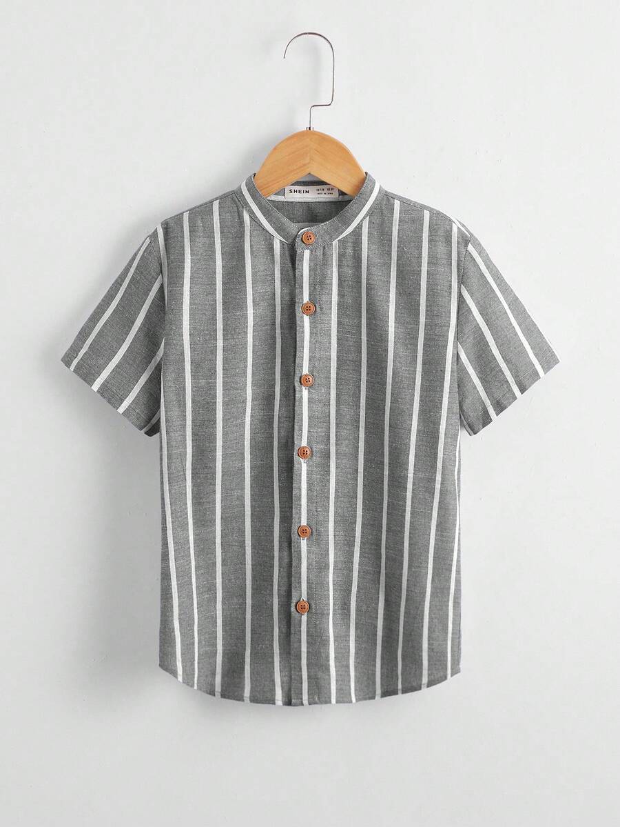 SHEIN Tween Boy Casual Striped Print Button-Front Short Sleeve Shirt - Grey - View 1