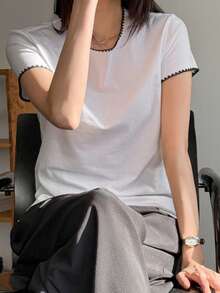 DAZY Women's Slim Fit T-Shirt With Vintage Coin Trace Decor, Summer New Arrival - White - View 10