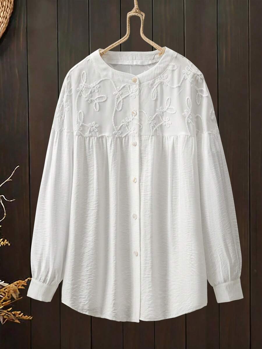 SHEIN Lacomfia White Embroidered Patchwork Shell Button Collar Shirt - White - View 1