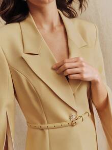 Anewsta Elegant Yellow Split Sleeve Cinched Waist Extra Long Sleeve Wave Button Women's Blazer - Yellow - View 7