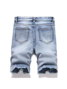 SHEIN Pantaloncini di jeans skinny strappati con design versatile e tagliato, adatti per ragazzi adolescenti, abbigliamento casual e streetwear, ideali per l'estate e la primavera - Blu - Visualizzare 3