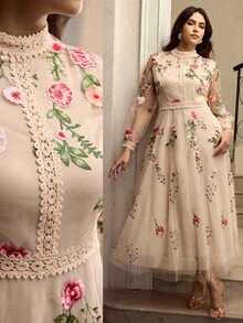 ZEYLAH Plus Size Embroidered Lace Patchwork Long Sleeve Dress Fall - Apricot - View 1