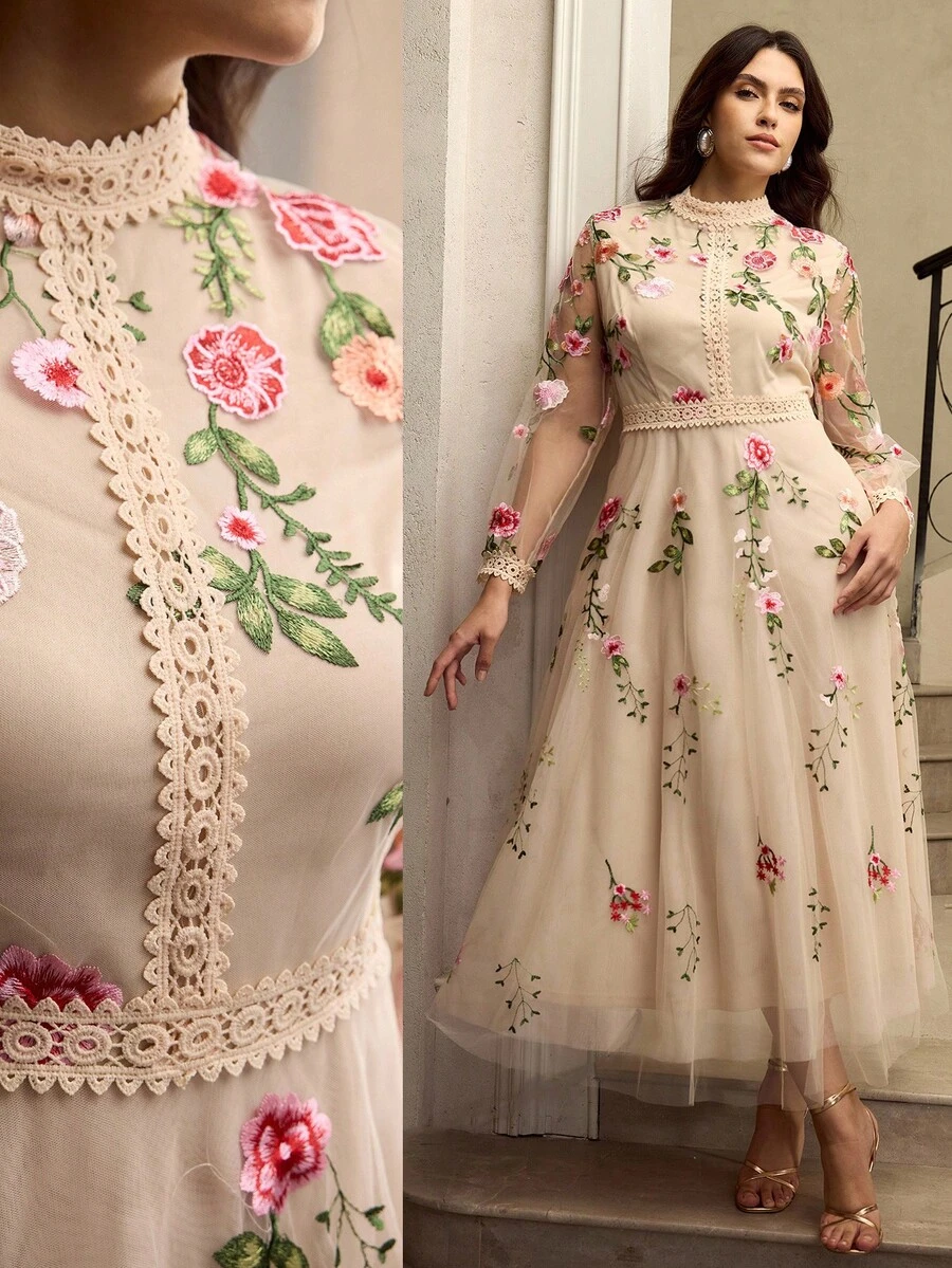 ZEYLAH Plus Size Embroidered Lace Patchwork Long Sleeve Dress Fall - Apricot - View 1