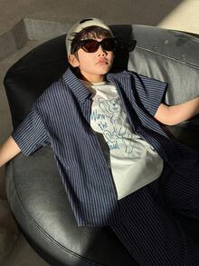 DAZY Bộ áo sơ mi ngắn tay kẻ sọc dáng rộng và quần dài cho bé trai tuổi teen. - Màu xanh lam - Xem 6