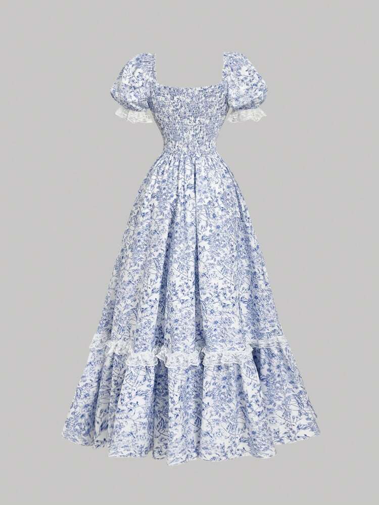SHEIN MOD Women's Vintage Blue & White Floral Print Lace Ruffle Hem  Victorian Style Maxi Dress, Summer, Party, Prom, Afternoon Tea, Garden  Party, Date, Beautifully Crafted, Victorian Style  Outfit,Vintage,Retro,Wedding Guest Dress Blue