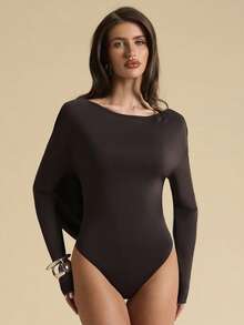 SHEIN BAE Brown Backless Plunging Neck Sexy Bodysuit For Women, Sexy Backless Top - Brown - View 2