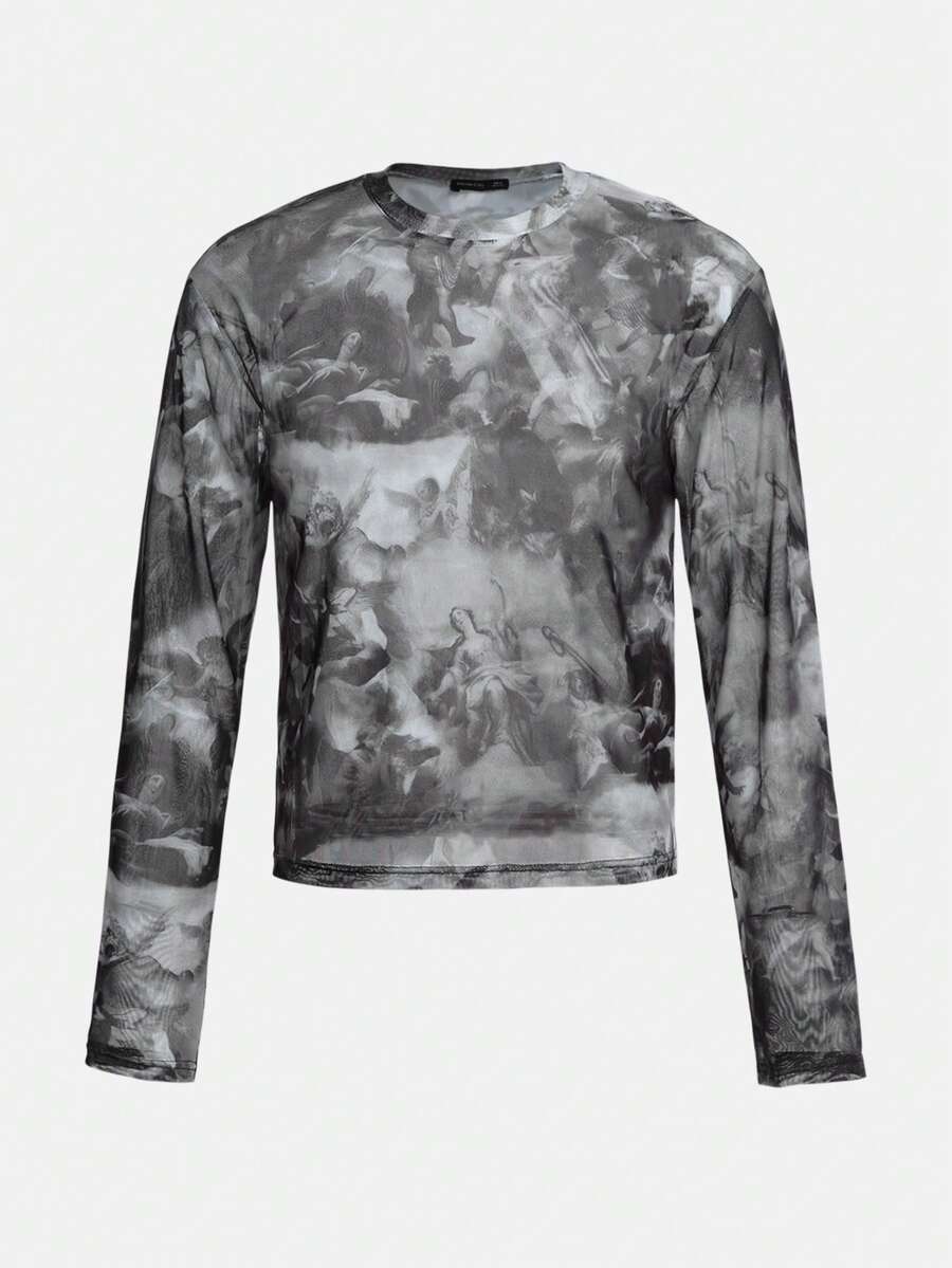 FeverCity Camiseta de manga larga casual y versátil con cuello redondo y estampado total para hombres - Blanco y Negro - Ver 1