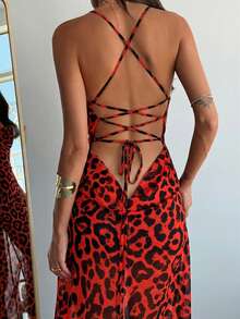 Aloruh Sexy Leopard Print Backless Cross Strap Draped Neck Cinched Waist Long Dress, Spring/Summer - Red - View 3