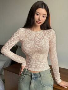 DAZY Textured Jacquard Semi-Sheer Slim Fit Pajama Top