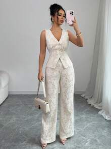 Elenzga 新款优雅女士休闲蕾丝套装，蕾丝撞色珍珠纽扣，适合情人节约会、万圣节、返校季、春夏蕾丝套装、女士夏季套装、办公室职业装、教师装、通勤、休闲、度假等场合。 - 米色 - 查看 5