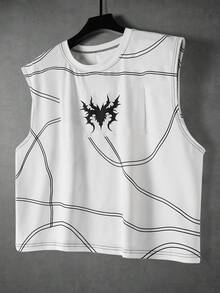 Manfinity Roghcode Regata Casual Masculina com Estampa Gráfica Solta, Adequada para Uso Diário, Verão, Dia dos Namorados, Primavera a Verão, Presente para Meu Namorado, Carnaval, Vintage, Streetwear, Festa, Dia de São Patrício, Saída, Regata Masculina com Costura Estrutural e Padrão de Rua Bordado no Peito. - Branco - Visão 3