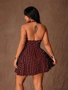 Rustia Vestido mini sexy de línea A con escote halter y lunares para mujer de talla grande - Marrón - Ver 2