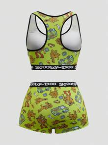 SCOOBY-DOO X SHEIN Women's Comfortable Soft Breathable Dog Print Letter Tape Bra And Panty Set - Green - View 2
