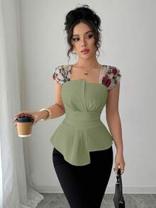 Elenzga Women's Waist Cinched Asymmetrical Patchwork Embroidered Mesh Blouse - Mint Green - View 6