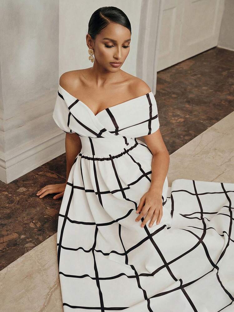 Anewsta Elegant Party Waist Twist Off Shoulder Design Cold-Shoulder Round Hem Plaid Print Dress For Women - Black and White - View 6