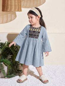 女婴可爱碎花流苏长袖连衣裙，春夏款 - 藍色 - 查看 3