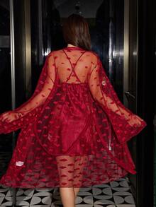 SilkySpell 情人节性感迷人心形网纱睡袍，缎面吊带睡裙，纯色女士睡衣套装 - 酒紅色 - 查看 2