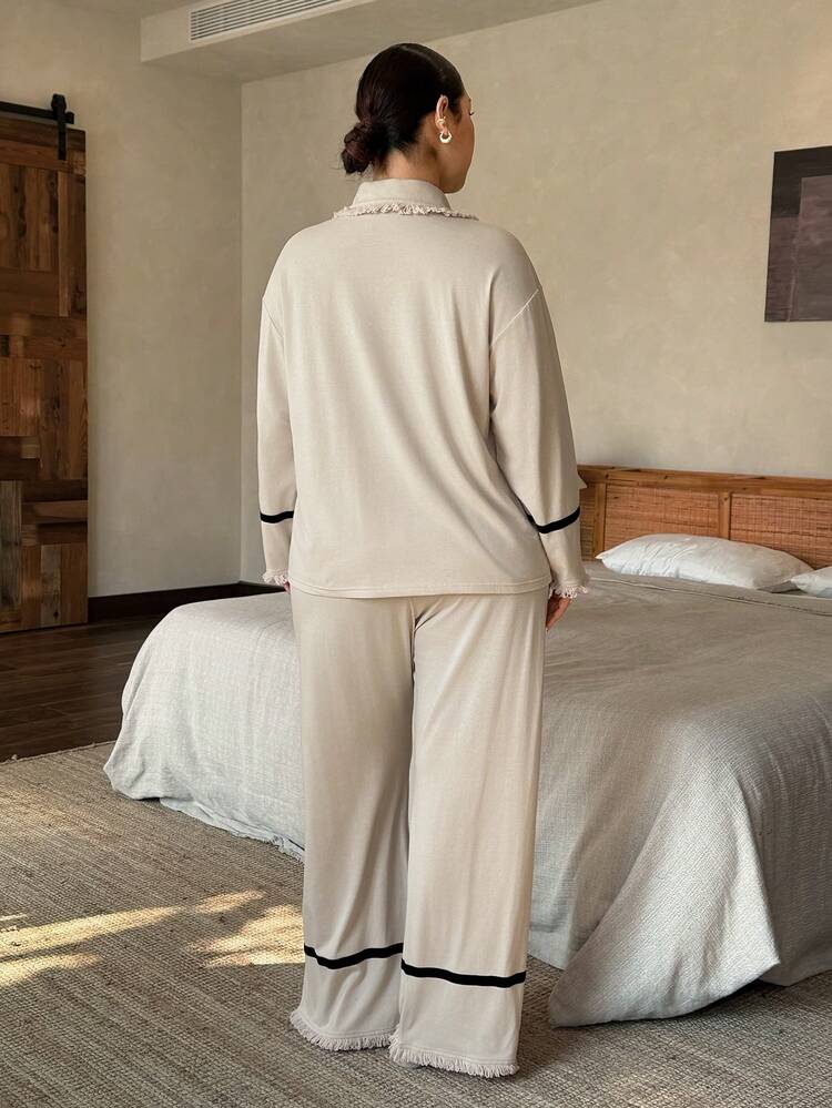 Dazy Plus Plus Size Women Casual Loose Long Sleeve Top And Straight Leg Pants Pajama Set With Frayed Hem, Spring/Summer/Autumn