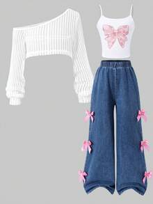 SHEIN ChillGRL Set de 3 piezas para niñas que incluye: Top de tirantes con lazo, Blusa con hombros descubiertos y Pantalones de pierna ancha, adecuado para salidas y viajes a principios del otoño - Blanco - Ver 10