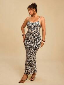 Travachic 大码女式非洲几何图案吊带针织连衣裙配网纱披肩两件套 - 黑與白 - 查看 3