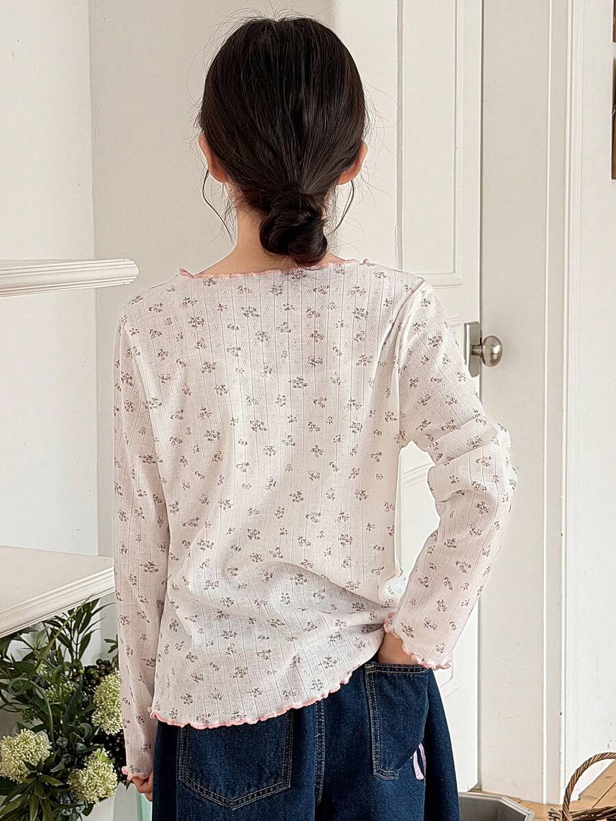 DAZY Tween Girl Ditsy Floral Lettuce Trim Round Neck Long Sleeve T-Shirt - White - View 1