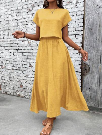 EMERY ROSE Women's Solid Color Boat Neck Batwing Sleeve Shirt And Skirt Casual 2-Piece Set