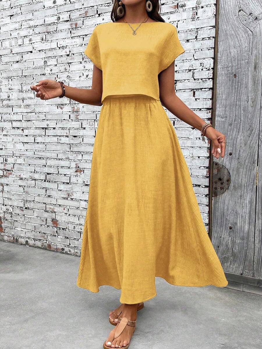 EMERY ROSE 女士纯色船领蝙蝠袖衬衫和半裙休闲两件套 - 黃色 - 查看 1