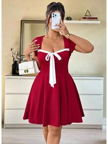 Elenzga Plus Size Elegant Short Knitted Dress In Burgundy With Sweetheart Neckline And Short Sleeves - Burgundy - View 1