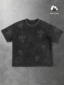 Manfinity EMRG Men's Wing & Cross Print Street Style Round Neck 100% Cotton Short Sleeve T-Shirt - Black - View 2