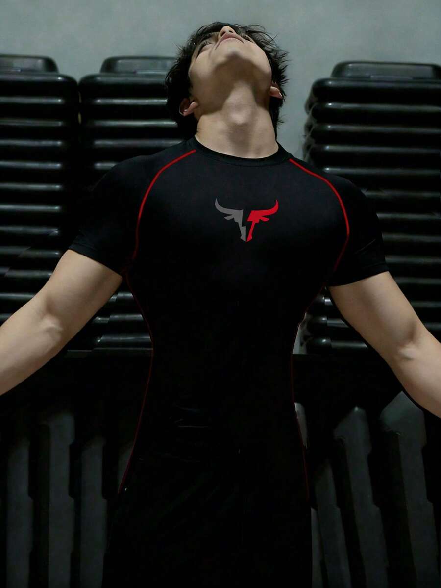 GymBeat 男士公牛印花圆领插肩短袖运动T恤 - 黑色 - 查看 1