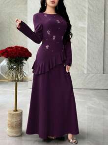 Feyla Women's Elegant Rhinestone Peplum Waist Long Dress, Suitable For Spring And Autumn - Purple - View 4