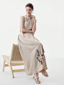 Aalyst Women's Spring/Summer Casual Elegant Linen-Look Sleeveless Belted Dress With Embroidery, Suitable For Outings, Dates, New Year, Valentine's Day, Easter, Mother's Day, Middle Eastern Weddings, Commuting, Romantic Vacations, Khaki With Pockets - Khaki - View 7