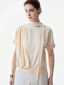 Aalyst Tricou elegant pentru femei, cu guler lung, plisat, cu fundă și mânecă scurtă, galben deschis, potrivit pentru ocazii de primăvară/vară, precum Anul Nou, Ziua Îndrăgostiților, Paște, Ziua Mamei, nunți în Orientul Mijlociu, la locul de muncă, escapade romantice - Lumină galbenă - Vizualizare 5