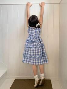 DAZY Young Girl Plaid Round Neck Layered Frill Trim Casual Sleeveless Dress - Blue - View 4