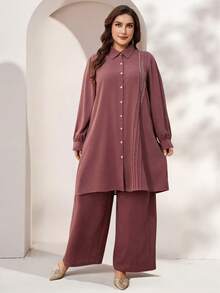 Lacomfia 2条装女士纯色优雅刺绣阔腿裤，休闲百搭，大码 - 粉色 - 查看 1