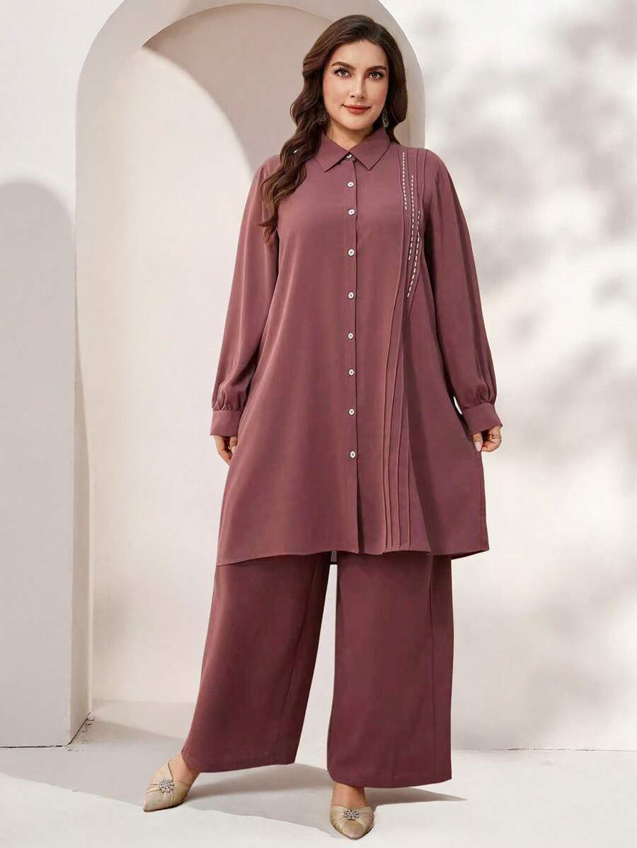 Lacomfia 2条装女士纯色优雅刺绣阔腿裤，休闲百搭，大码 - 粉色 - 查看 1