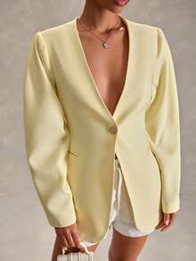 RueChic Chaqueta de blazer de ajuste holgado de color amarillo claro para mujer - Amarillo claro - Ver 2