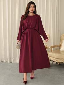Firerie Vestido largo de línea A con cuello redondo, cintura fruncida, cintura alta, manga de murciélago y manga larga, elegante, exquisito, romántico y encantador para fiesta de Año Nuevo, baile, cita de San Valentín, talla grande, color morado rojo - Rojo violeta - Ver 1