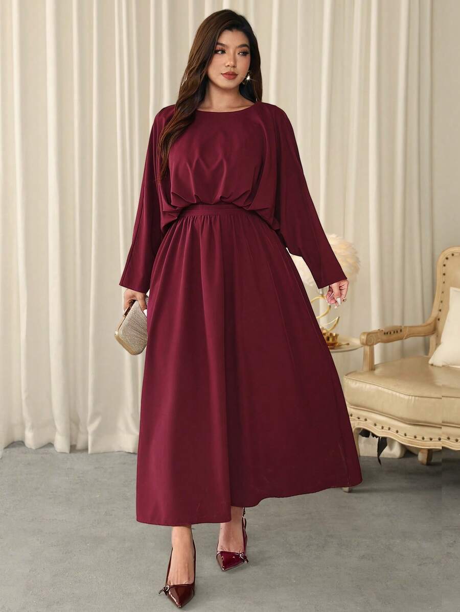 Firerie Vestido largo de línea A con cuello redondo, cintura fruncida, cintura alta, manga de murciélago y manga larga, elegante, exquisito, romántico y encantador para fiesta de Año Nuevo, baile, cita de San Valentín, talla grande, color morado rojo - Rojo violeta - Ver 1