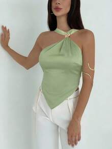 Aloruh 女士优雅通勤休闲金属装饰纯绿色衬衫 - 綠色 - 查看 6