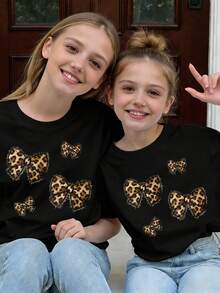 女童字母蝴蝶结印花圆领短袖休闲百搭T恤 - 黑色 - 查看 4